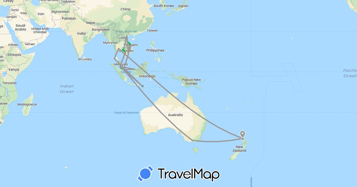 TravelMap itinerary: driving, bus, plane in Australia, Indonesia, Cambodia, Malaysia, New Zealand, Singapore, Thailand, Vietnam (Asia, Oceania)